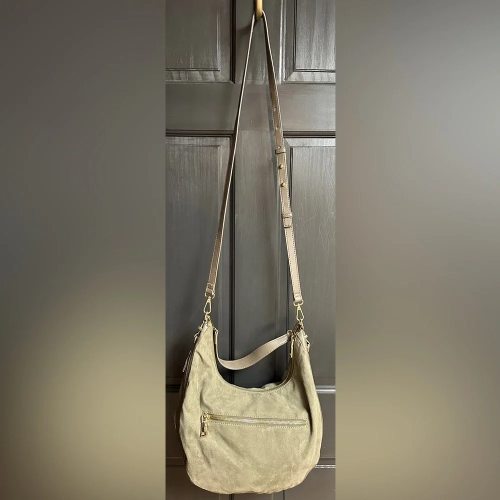 I.N.C. International Concepts Dark Sage Green Faux Suede & Faux Leather Hobo Bag